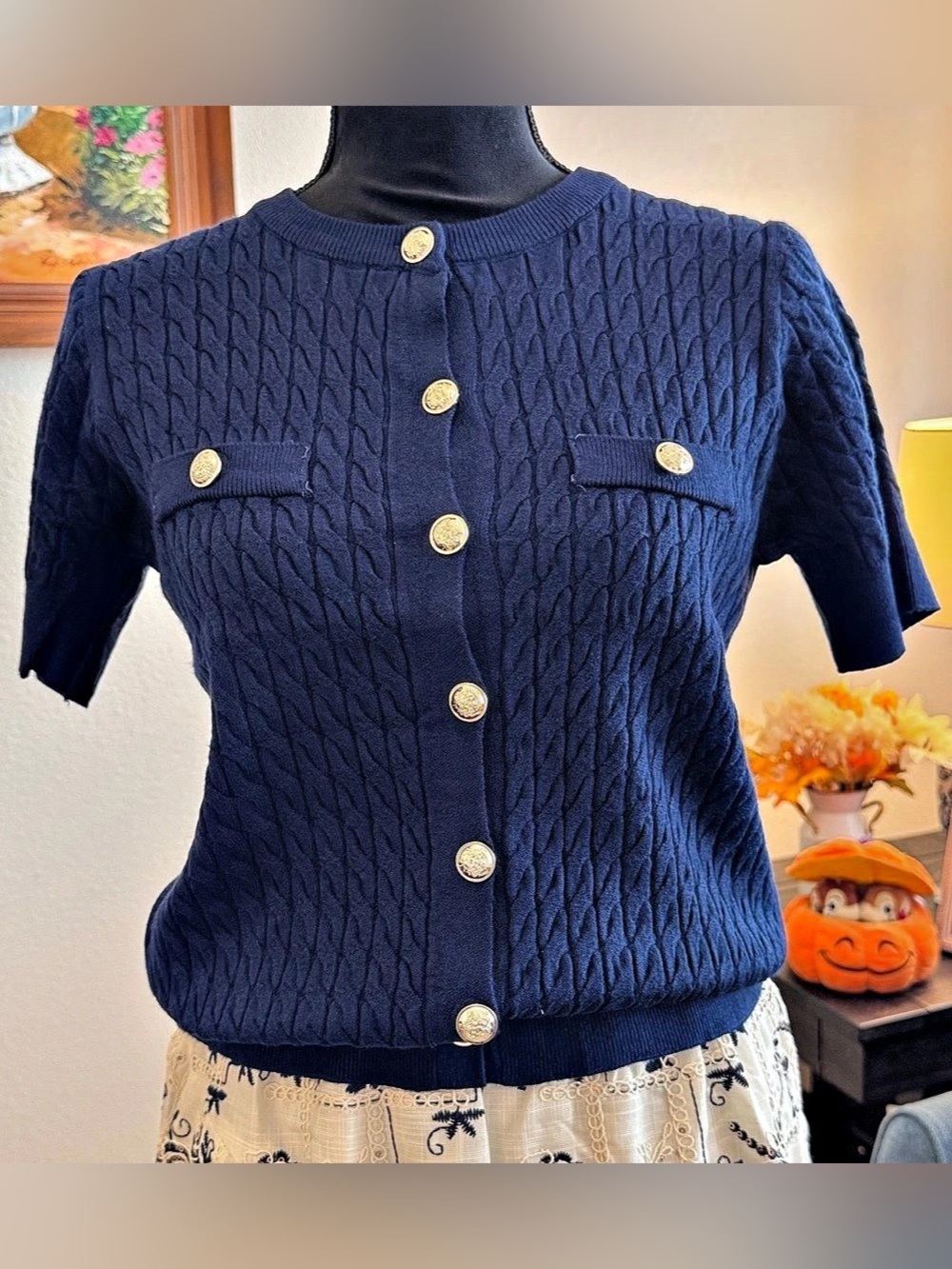 Cable Knit Short Sleeve Sweater in Navy Blue